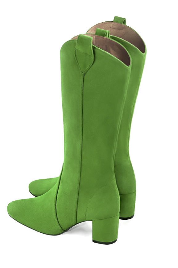 Grass green women's mid-calf boots. Round toe. Medium block heels. Made to measure. Rear view - Florence KOOIJMAN